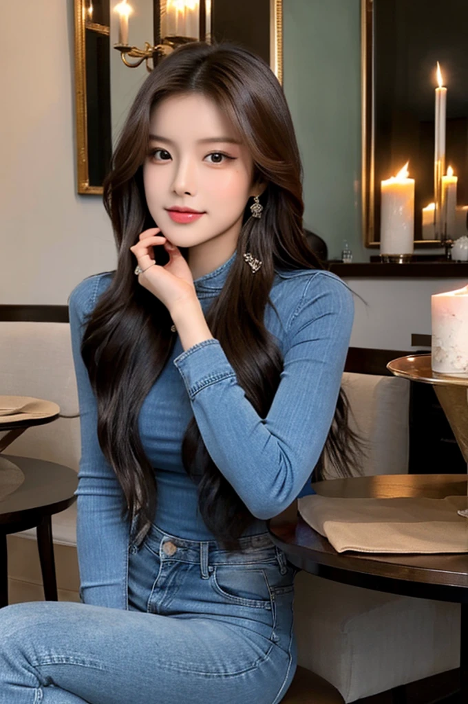 Generate an image of a breathtaking 20-year-old Asian woman whose beauty is comparable to a goddess of the fire element. She has large brown eyes, dark brown hair, radiant skin, and an appealing look. Dressed in a stunning top and blue skinny jeans, she is seated elegantly at a romantic dining table. The ambiance is intimate with soft lighting, candles, and a beautifully set table.