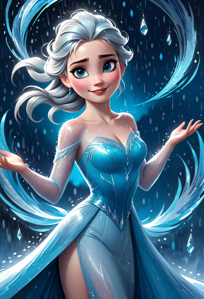 Digital painting of Elsa from Frozen dancing gracefully under the rain, her ice powers creating sparkling rain droplets and forming intricate ice patterns around her, dressed in her signature ice-blue gown, with a joyful and free-spirited expression, cinematic composition, trending on ArtStation