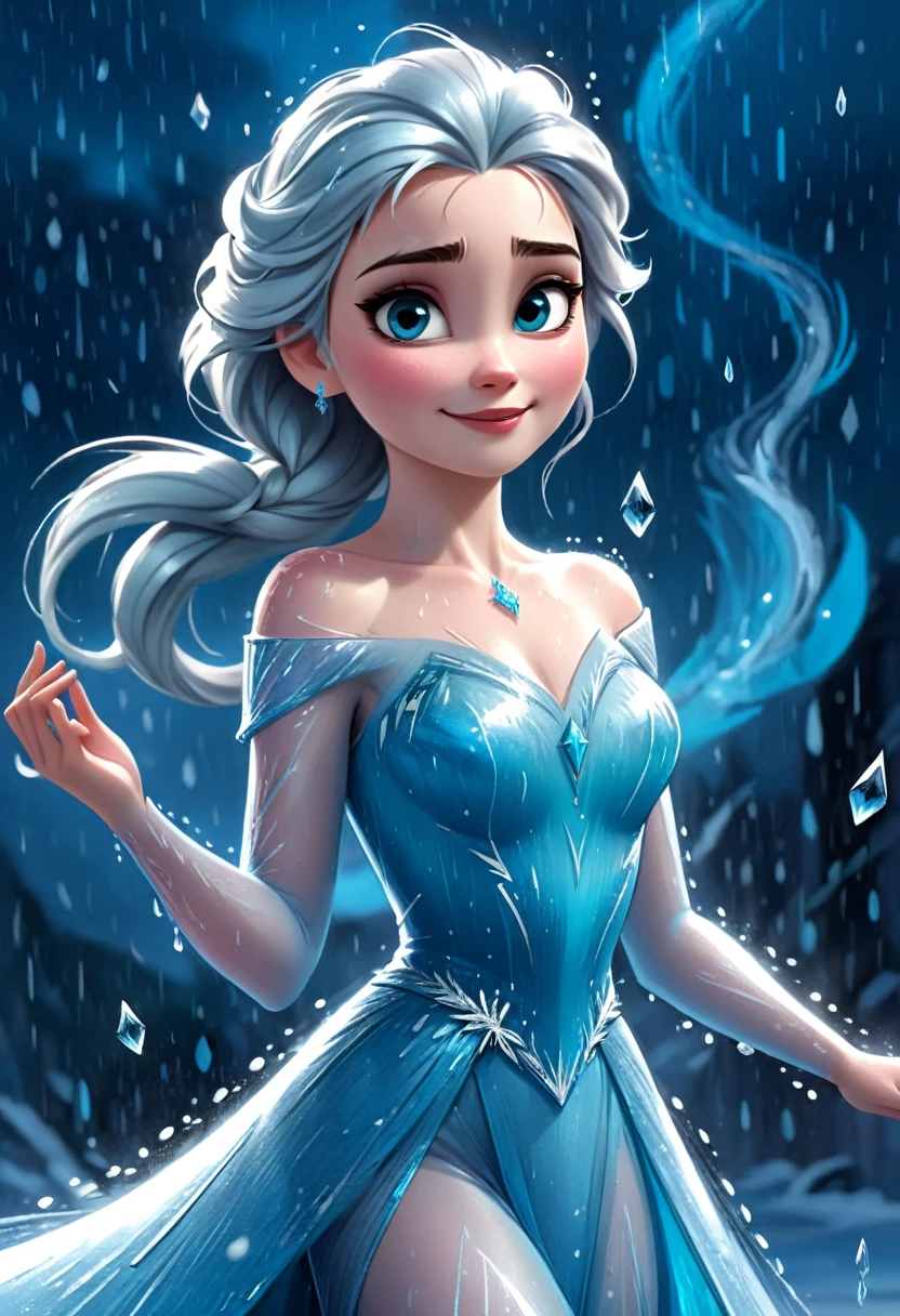 Digital painting of Elsa from Frozen dancing gracefully under the rain, her ice powers creating sparkling rain droplets and forming intricate ice patterns around her, dressed in her signature ice-blue gown, with a joyful and free-spirited expression, cinematic composition, trending on ArtStation