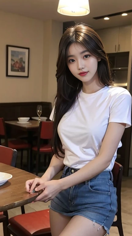 1 Girl,Dining room,Soft Light,Chinese Beauty,Tight Fit,Short-sleeved shirt,Dark-haired,long hair