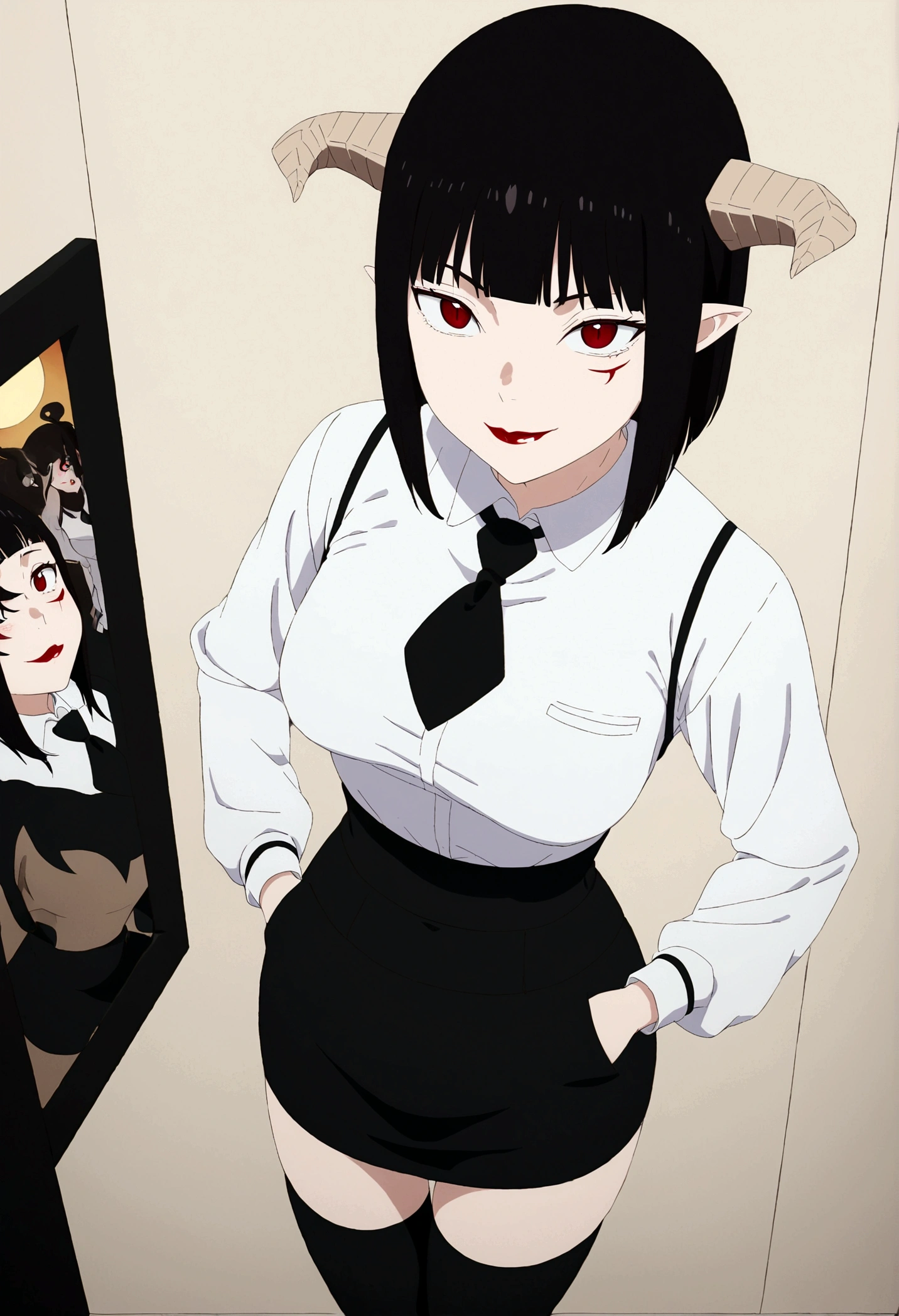 ,hands in pocket,work of art, tight white secretary shirt with black tie, black high waist skirt, short skirt,stocking, black hair, black tightscary sun,office,bangs on the eyes,lighting,horn of hair,view from above,evil smile,linda,staring overhead,blushed,face red,Eyes red
