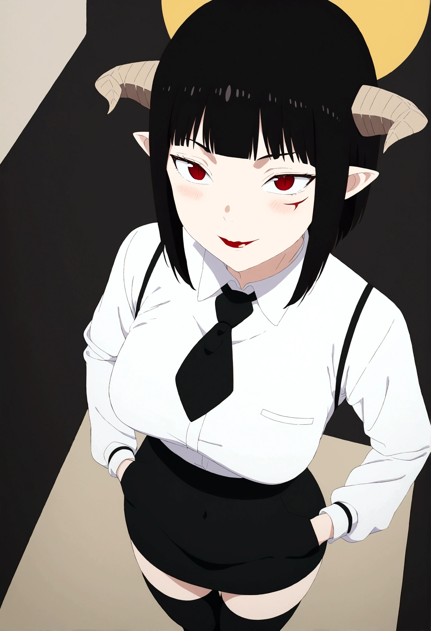 ,hands in pocket,work of art, tight white secretary shirt with black tie, black high waist skirt, short skirt,stocking, black hair, black tightscary sun,office,bangs on the eyes,lighting,horn of hair,view from above,evil smile,linda,staring overhead,blushed,face red,Eyes red
