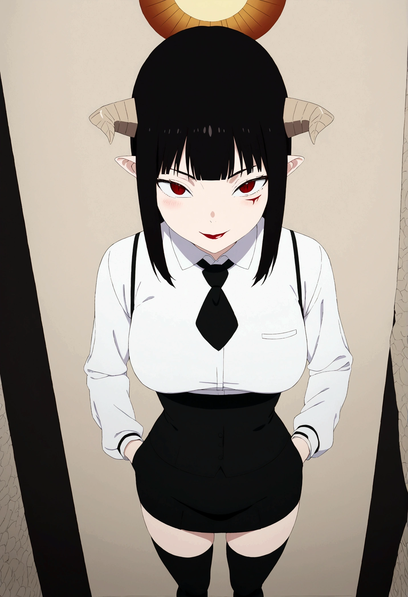 ,hands in pocket,work of art, ??????????? secretary shirt with black tie, black high waist skirt, short skirt,stocking, black hair, black tightscary sun,office,bangs on the eyes,lighting,horn of hair,view from above,evil smile,linda,staring overhead,blushed,face red,Eyes red

