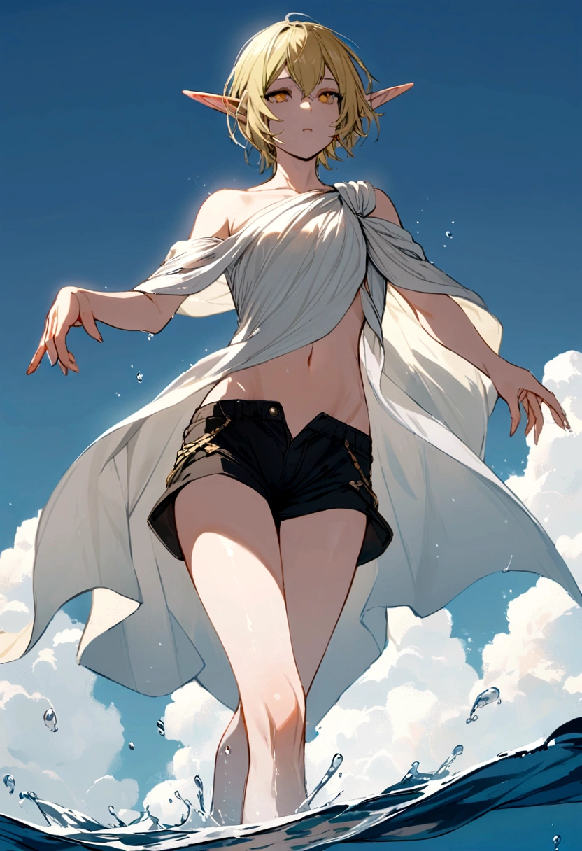 Elf man floating in water wearing only simple shorts,blonde elf man,Short Hair