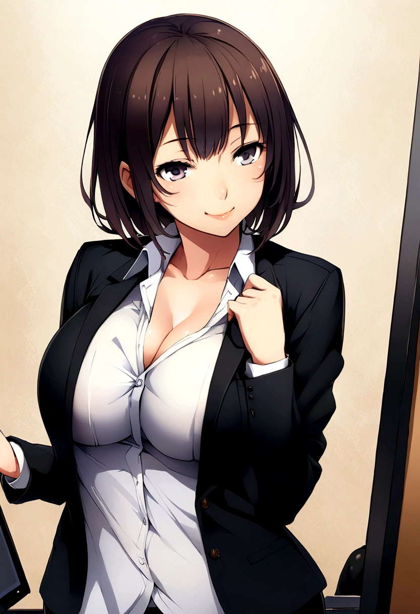 masutepiece, Best Quality, Illustration, Ultra-detailed, finely detail, hight resolution, 8K Wallpaper, Perfect dynamic composition, Beautiful detailed eyes, Business jacket,Bob Hair, mid-chest, Natural Color Lip, Random and sexy poses,Smile,20 years girl Colossal tits、business shirt、s Office、personal computers、Composition from the front