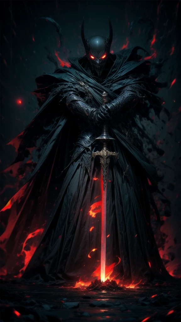 A dark and ominous creature, a god of death with a black crown, red glowing eyes, dynamic point of view, a fantasy character with a large torn black cape, wearing black and torn clothes, holding a magic sword with a blue and green aura around it, magical effects surrounding the sword, dark evening outdoor background on a dark plain