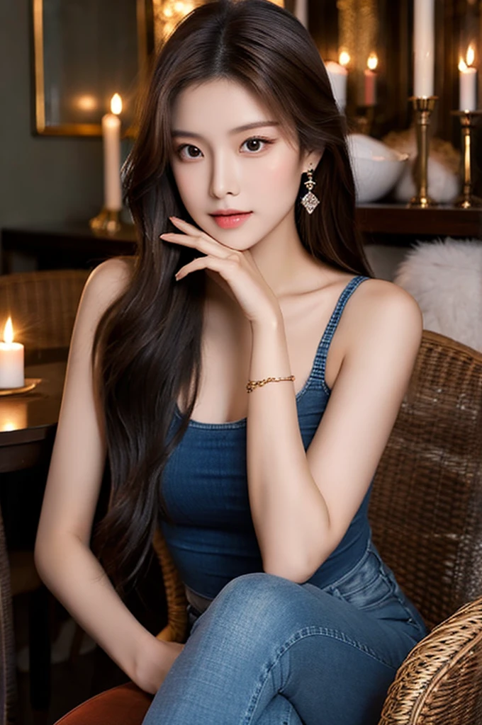 Generate an image of a breathtaking 20-year-old Asian woman whose beauty is comparable to a goddess of the fire element. She has large brown eyes, dark brown hair, radiant skin, and an appealing look. Dressed in a stunning top and blue skinny jeans, she is seated elegantly at a romantic dining table. The ambiance is intimate with soft lighting, candles, and a beautifully set table.