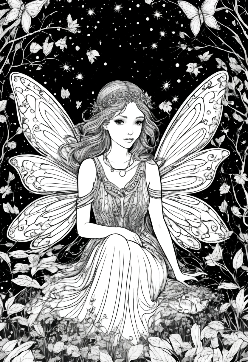 (A black and white coloring book:1.5), A magical fairy surrounded by glowing fireflies in a moonlit forest, clean line art, white background, colouring page, clean outline