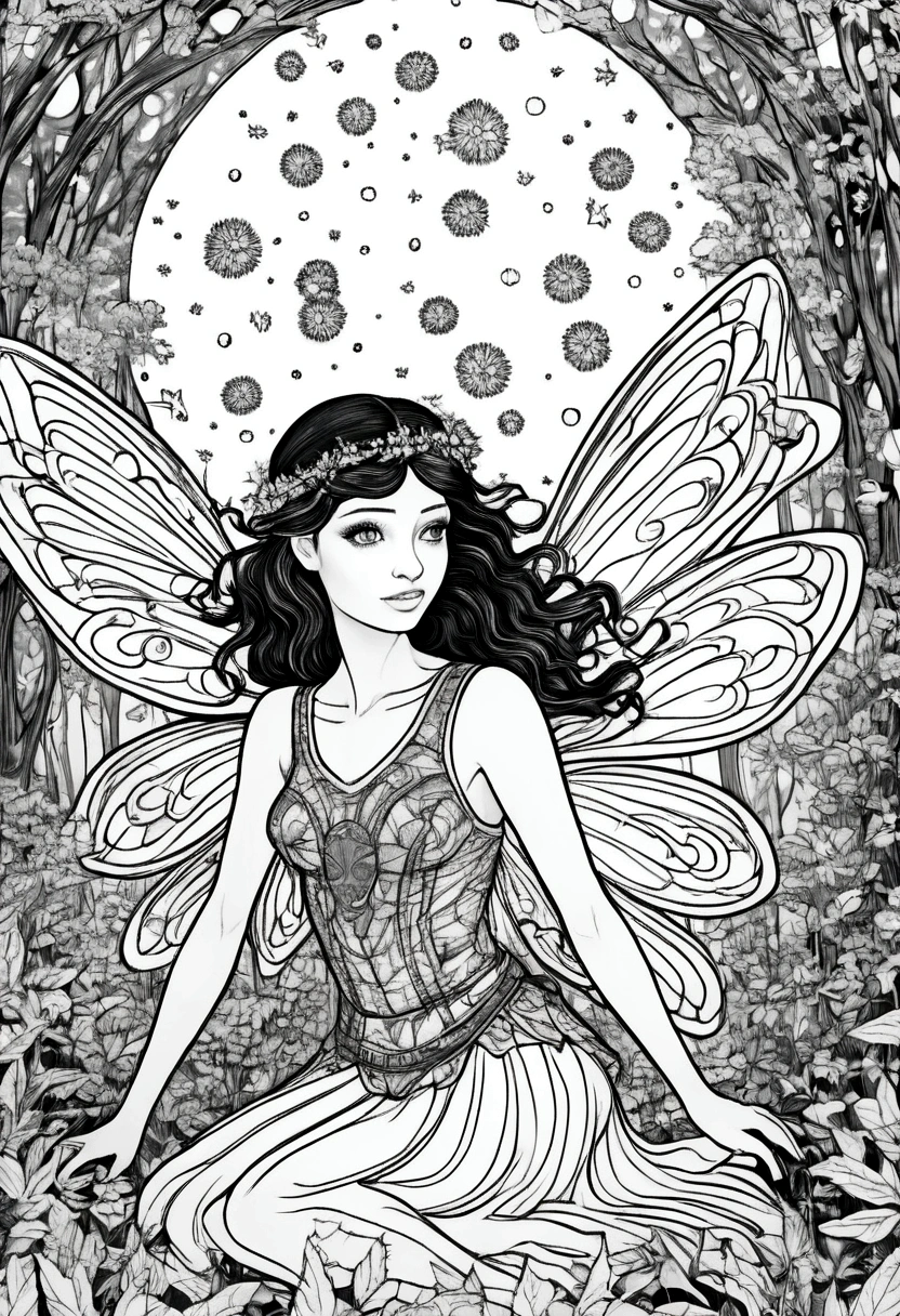 (A black and white coloring book:1.5), A magical fairy surrounded by glowing fireflies in a moonlit forest, clean line art, white background, colouring page, clean outline