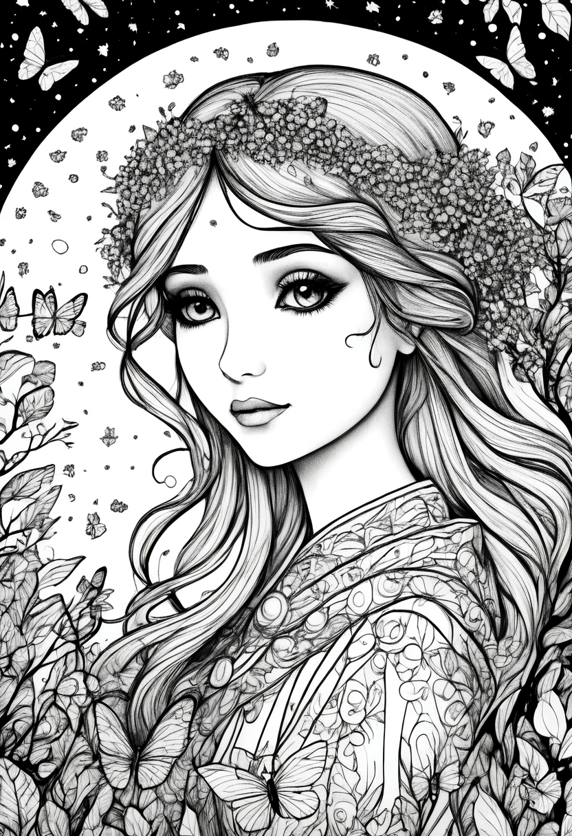 (A black and white coloring book:1.5), A magical fairy surrounded by glowing fireflies in a moonlit forest, clean line art, white background, colouring page, clean outline