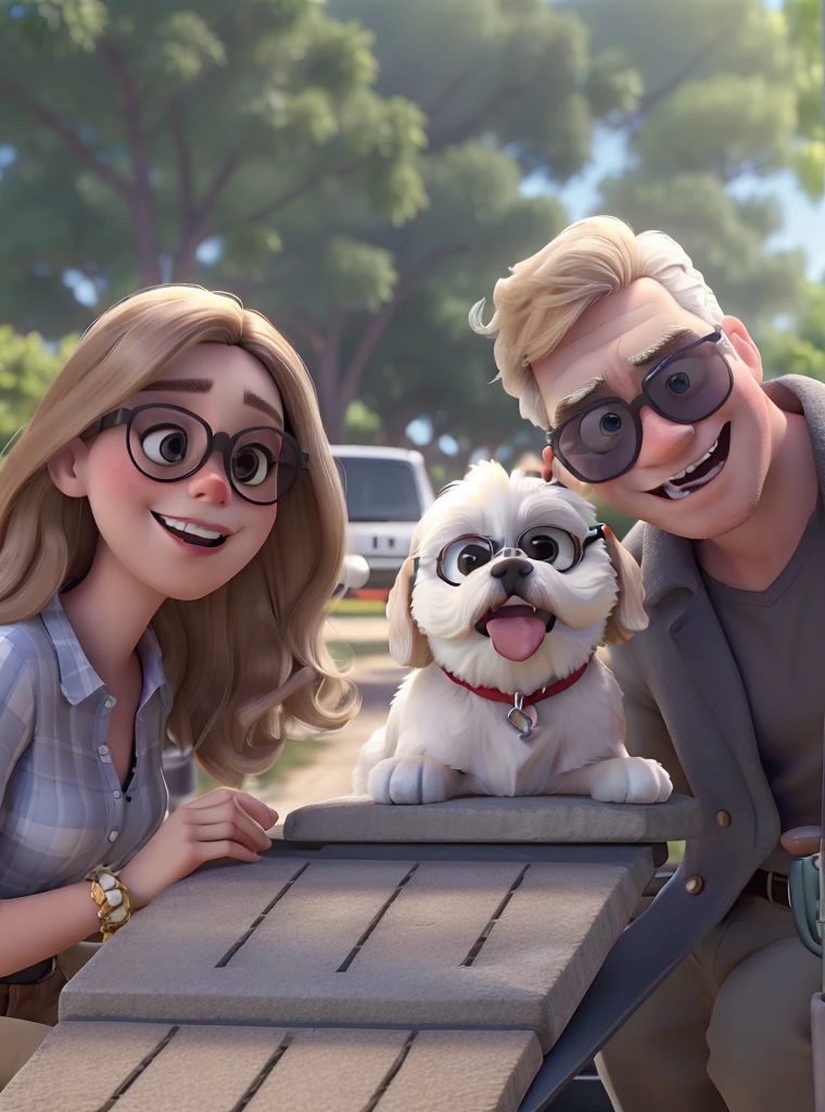 Caucasian woman with blonde hair and sunglasses. white man brown hair and sunglasses. a white and brown shih tzu dog with its tongue out and without glasses, do not park, high qualiy, best qualityer, in pixar poster style