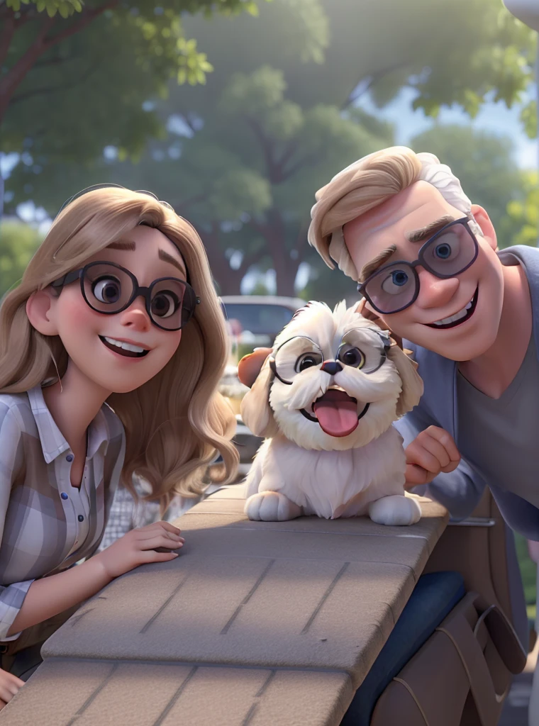 Caucasian woman with blonde hair and sunglasses. white man brown hair and sunglasses. a white and brown shih tzu dog with its tongue out and without glasses, do not park, high qualiy, best qualityer, in pixar poster style