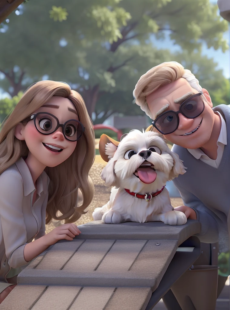 Caucasian woman with blonde hair and sunglasses. white man brown hair and sunglasses. a white and brown shih tzu dog with its tongue out and without glasses, do not park, high qualiy, best qualityer, in pixar poster style