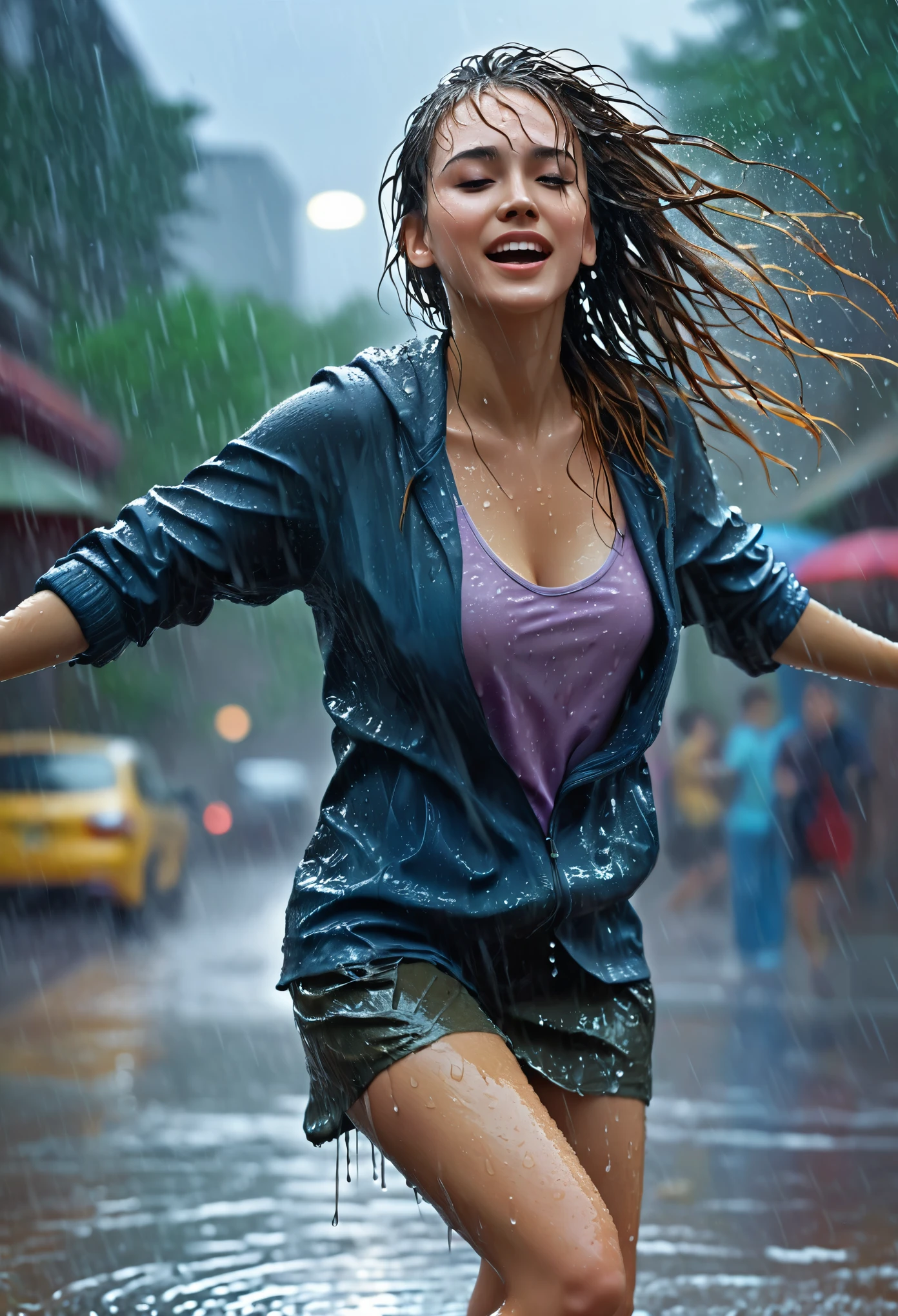 A beautiful woman dancing in heavy rain, wet face, wet body, messy hair, high resolution, ultra-detailed, extremely detailed, 