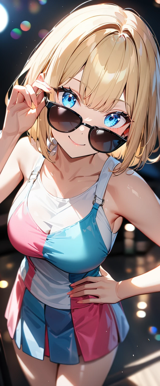 (((One Girl))), Blonde, Bobcut, (Cowboy Shot), ((sunglasses, hand to sunglasses)), (View your viewers), Focus on the face, ager, Tilt your head:1.3, (((blue eyes))), ((Smile)), ((blush)), Contrasting, Place one hand on hip, (((Exposed clothing))), School summer clothes, (((Large Breasts))), White shirt, ((Girly clothes)), skirt, , Anime Style, (Highest quality, 4K, 8K, High resolution, masterpiece:1.2, Super detailed, Super detailed eyes, High resolution, 超High resolution, Studio Lighting, Ultra-fine painting, Sharp focus, Physically Based Rendering, Very detailed explanation, Professional, Vibrant colors, Bokeh)