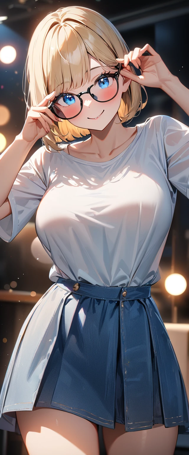 (((One Girl))), Blonde, Bobcut, (Cowboy Shot), ((sunglasses, hand to sunglasses)), (View your viewers), Focus on the face, teenager, Tilt your head:1.3, (((blue eyes))), ((Smile)), ((blush)), Contrasting, Place one hand on hip, (((Exposed clothing))), School summer clothes, (((Large Breasts))), White shirt, ((Girly clothes)), skirt, , Anime Style, (Highest quality, 4K, 8K, High resolution, masterpiece:1.2, Super detailed, Super detailed eyes, High resolution, 超High resolution, Studio Lighting, Ultra-fine painting, Sharp focus, Physically Based Rendering, Very detailed explanation, Professional, Vibrant colors, Bokeh)