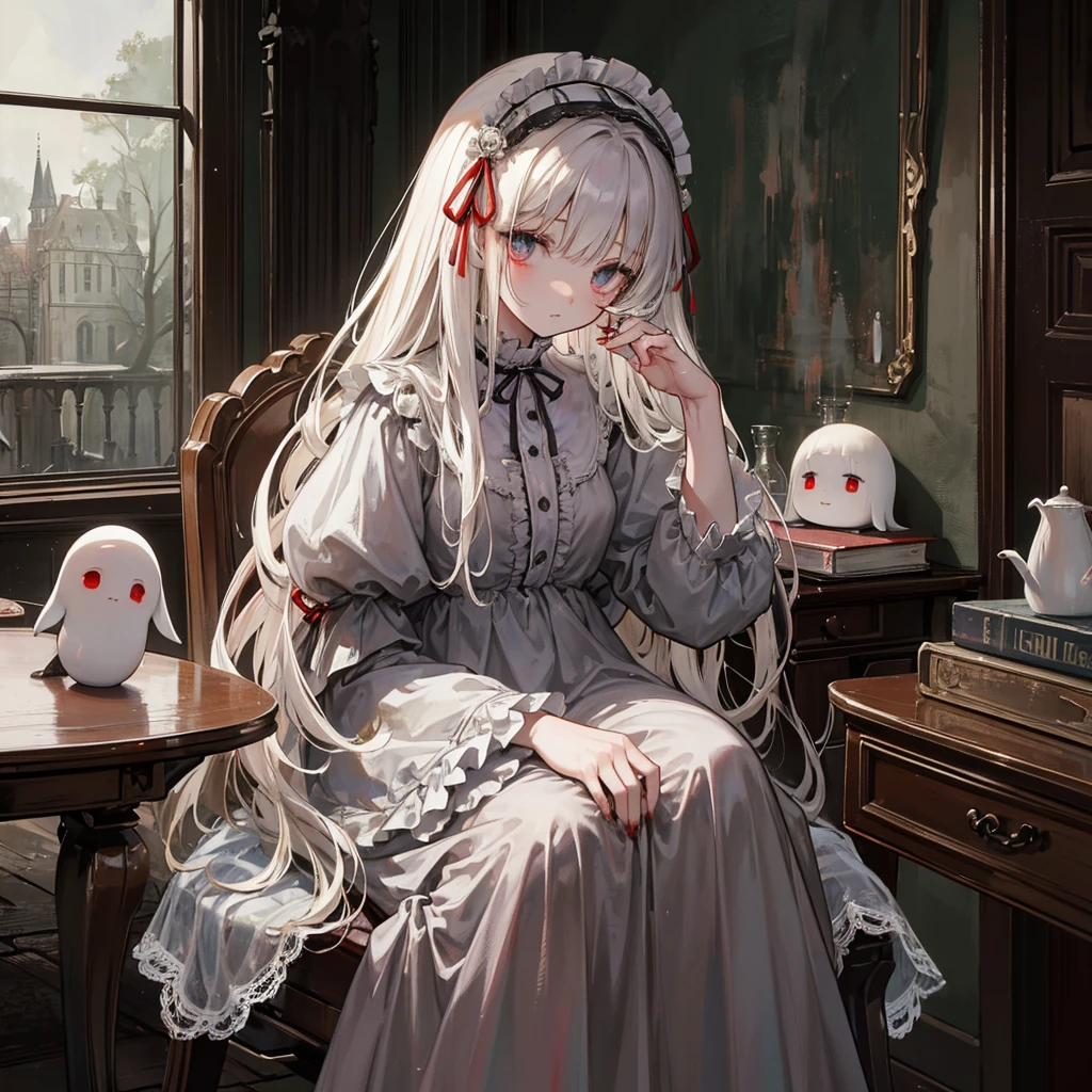 masterpiece, best quality, ultra detailed, a haunted girl doll sitting on the table, hollow eyes, blood, cobwebs, messy, doll, haunted, abandoned mansion, horror, scary, ghost, eerie, no humans, no light
