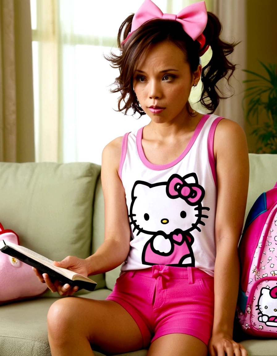 A cute woman (Lexa Doig (age 25), pink short shorts, pink 'Hello Kitty' tank top, pink bows in hair) has come over to babysit, book bag, cell phone, living room, bored look chewing bubble gum
