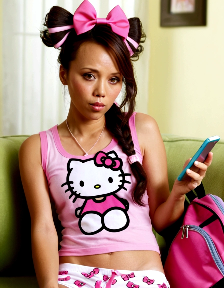 A cute woman (Lexa Doig (age 25), pink short shorts, pink 'Hello Kitty' tank top, pink bows in hair) has come over to babysit, book bag, cell phone, living room, bored look chewing bubble gum
