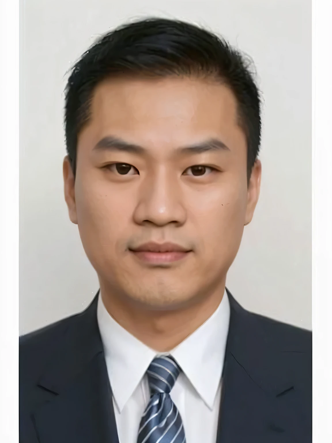 headshot of an asian man wearing professional suit. the asian man have a short hair. dark navy suit jacket. white shirt, The tie is a dark blue color with a pattern of thin, diagonal white stripes. The stripes are evenly spaced and run from the top right to the bottom left of the tie. white background. the lighting is from the front to create balance lit image