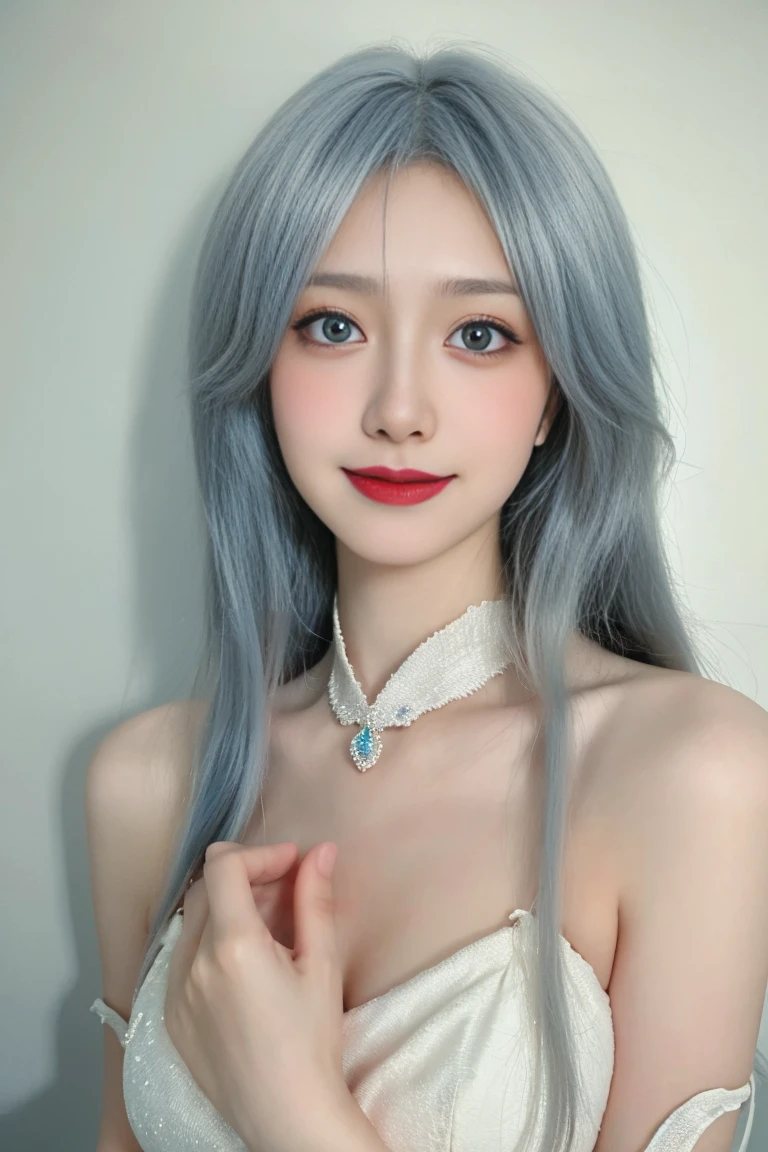 best quality, tmasterpiece,Ultra-high resolution,Clear face,(Reality:1.4),ferpect lighting,(upper body photo:1.5), (photorealistic:1.50), anime wallpaper, Guviz style artwork, cover-up fantasy up to magic , by Yang J, Guviz, beautiful artwork illustration, beautiful digital artwork, beautiful digital illustration, Li Song, beautiful anime portrait, art style in Beauvot, 1 girl, blue eyes, 独奏, (looking at viewer), smile, silver hair, long hair, Chinese dress,