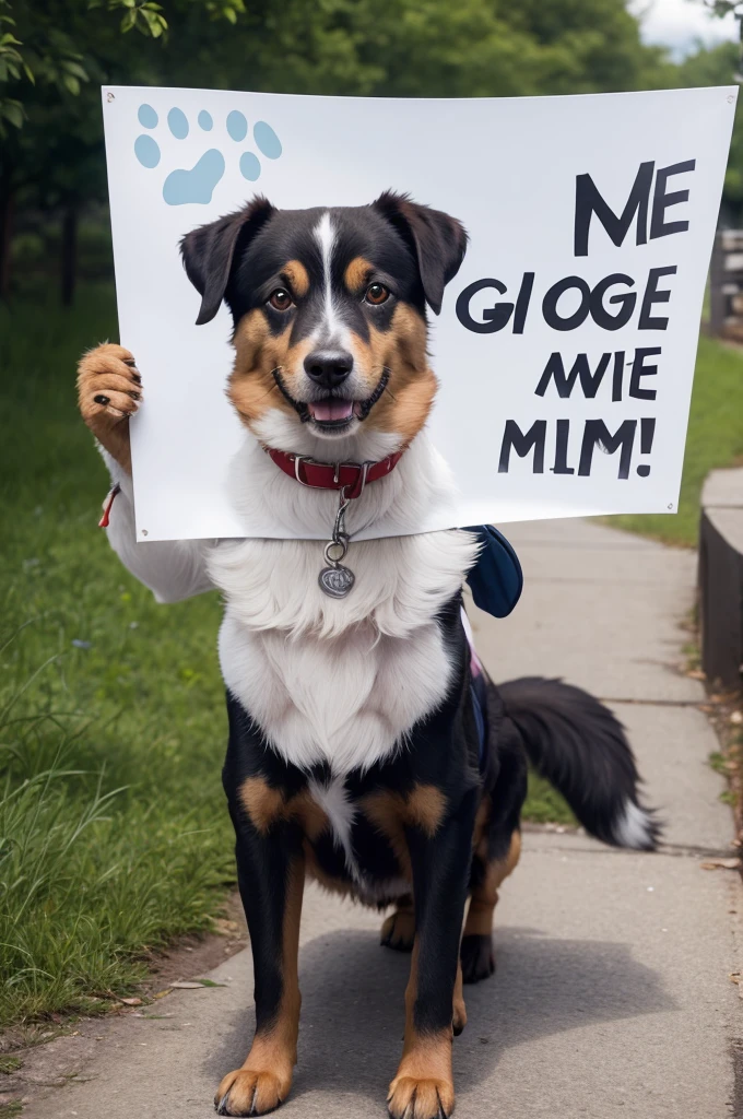 a dog holding a sign saying give me a pix