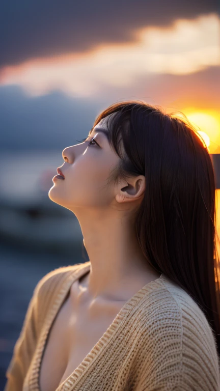 (knit), (highest quality,masterpiece:1.3, Ultra-high resolution), (Ultra-detailed,Caustics),(Photorealistic:1.4,RAW shooting,)Ultra-Realistic Capture, Very detailed, High resolution 16K for human skin, One Woman, Japanese, cute, Black-haired, Middle Hair, (((Sunset sky background))), (((Sunset sea background))), (((Looking up in profile))), (((I am praying for you)))