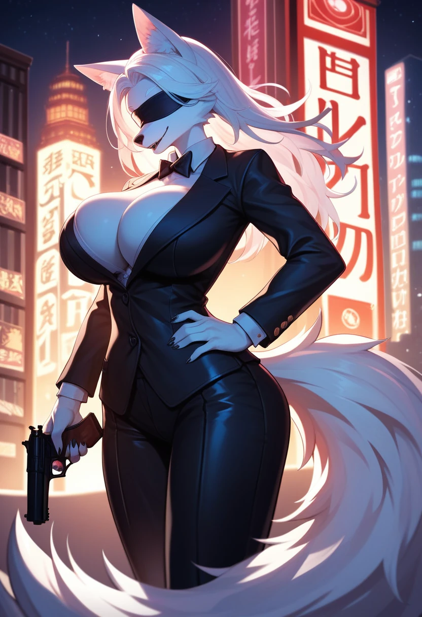 a single girl with a black suit standing in middle of the night with a gun, 1girl, humanoid, anthro girl, furry girl, wolf ears, white hair, black blindfold, night in the city, poker face, no eyes, black suit, voluptuous, huge breast, beautiful background, 4k, insanely detailed, beautifully lit, masterpiece, best quality, ultra-detailed