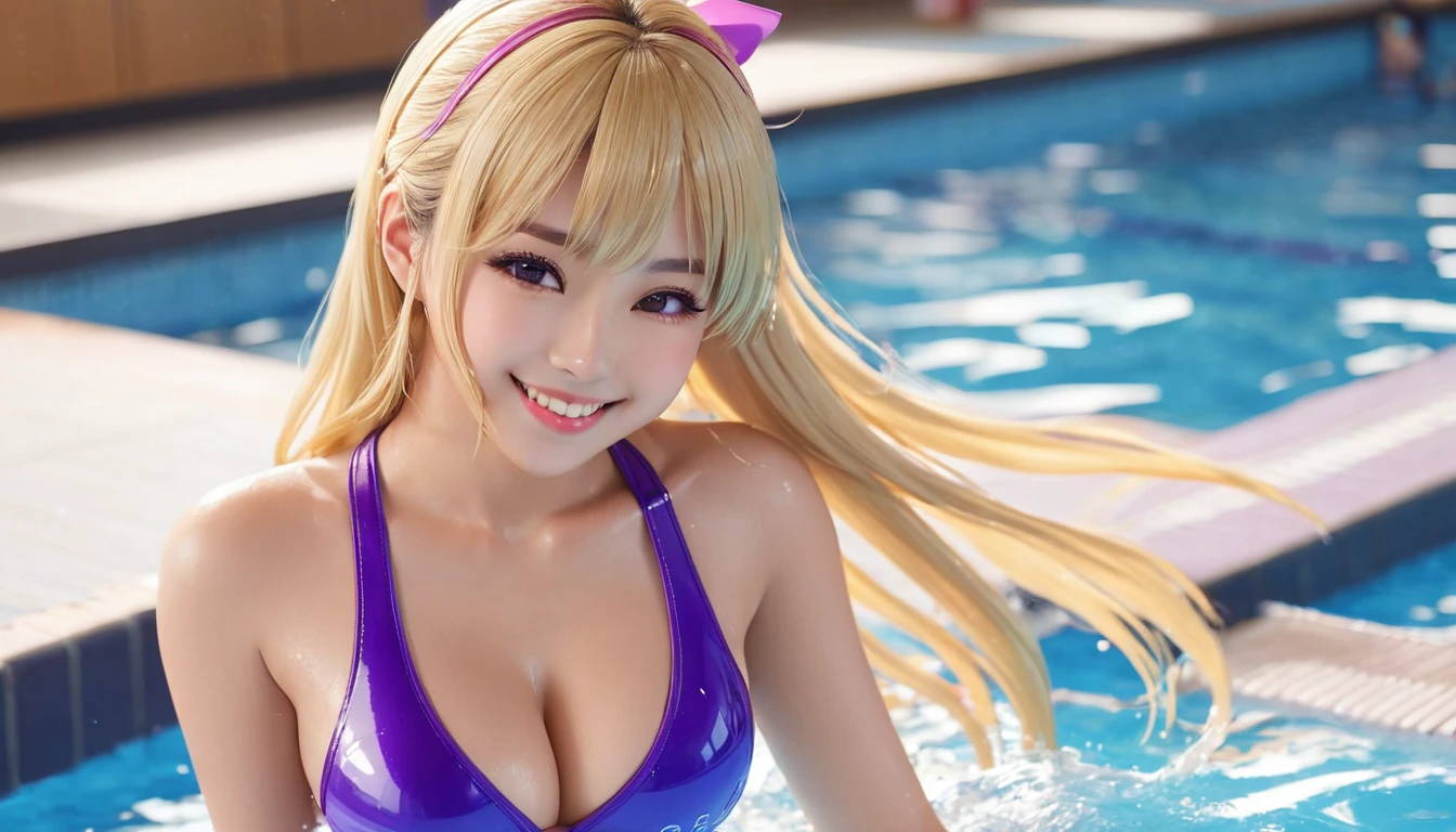 Product quality, One girl, Full Body Shot, Front view, Young and beautiful woman in Japan, Super cute face, , Smiling and playing in the school classroom, , Big Breasts, Wet body, Glossy Lips, Attractive person, Double eyelids on both eyes, Natural Makeup, Long eyelashes, , Asymmetrical bangs, Fair skin, Center image, High resolution, High detail, Detailed hairstyle, Detailed face, Spectacular movie lighting, Octane Rendering, Vibrant, Ultra-realistic, Perfect limbs, Perfect Anatomy(masterpiece, Highest quality, 1girl, Wet school swimsuit、Long blonde hair, Purple eyes, Warm smile, Blushed cheeks, School swimming pool, summer, sunlight, Background Blur) 、Overall image、Perfect Style