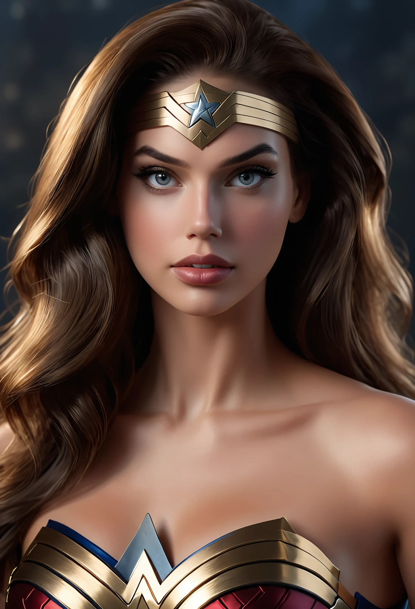 Sexy Hailey Grice as Wonder Woman portrait of her facing the camera with soft even lighting and bold, , looking right at the camera high quality, masterpiece, UHD (facing the camera) (front view)  flat, even lighting  realistic human face, real human face with skin, realistically rendered face, human face realistic, single realistic face, human realistic face, realistic person, extremely realistic face, realistic detailed face, ultra realistic face, face very realistic, realistic restored face, detailed realistic face, highly detailed realistic face
