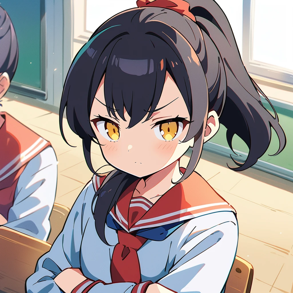 (Highest quality、masterpiece、High resolution、detailed)1 Girl、(Black Hair、ponytail:1.2)、(high school 、uniform)、(Have arms crossed:1.3)、Brave look、School classroom、Anime style、Flat Style、(Shining Eyes、Beautiful Face)