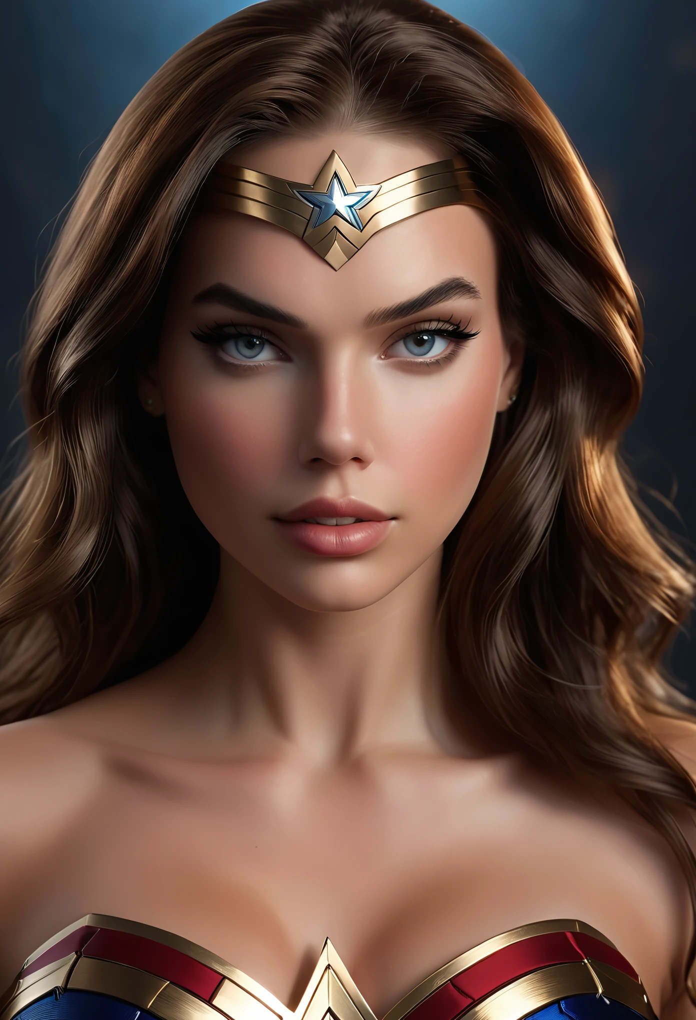 Sexy Hailey Grice as Wonder Woman portrait of her facing the camera with soft even lighting and bold, , looking right at the camera high quality, masterpiece, UHD (facing the camera) (front view)  flat, even lighting  realistic human face, real human face with skin, realistically rendered face, human face realistic, single realistic face, human realistic face, realistic person, extremely realistic face, realistic detailed face, ultra realistic face, face very realistic, realistic restored face, detailed realistic face, highly detailed realistic face
