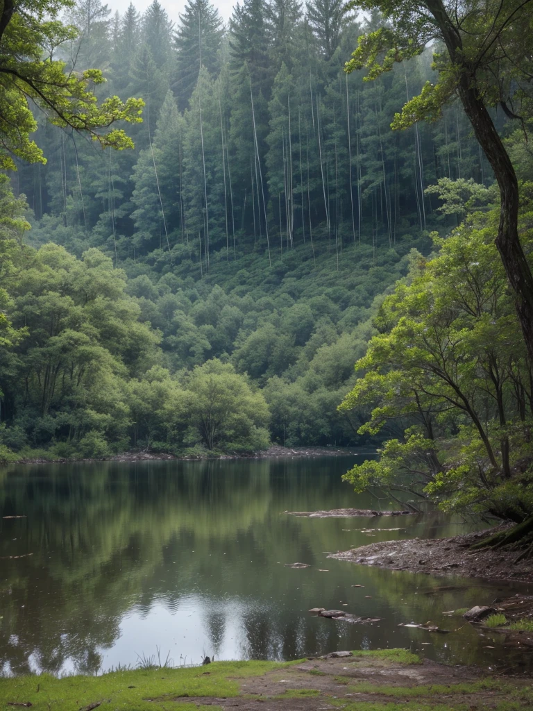 a forest, a lake, rainy environment, wet grass, water levels falling in the area, somewhat dark environment
