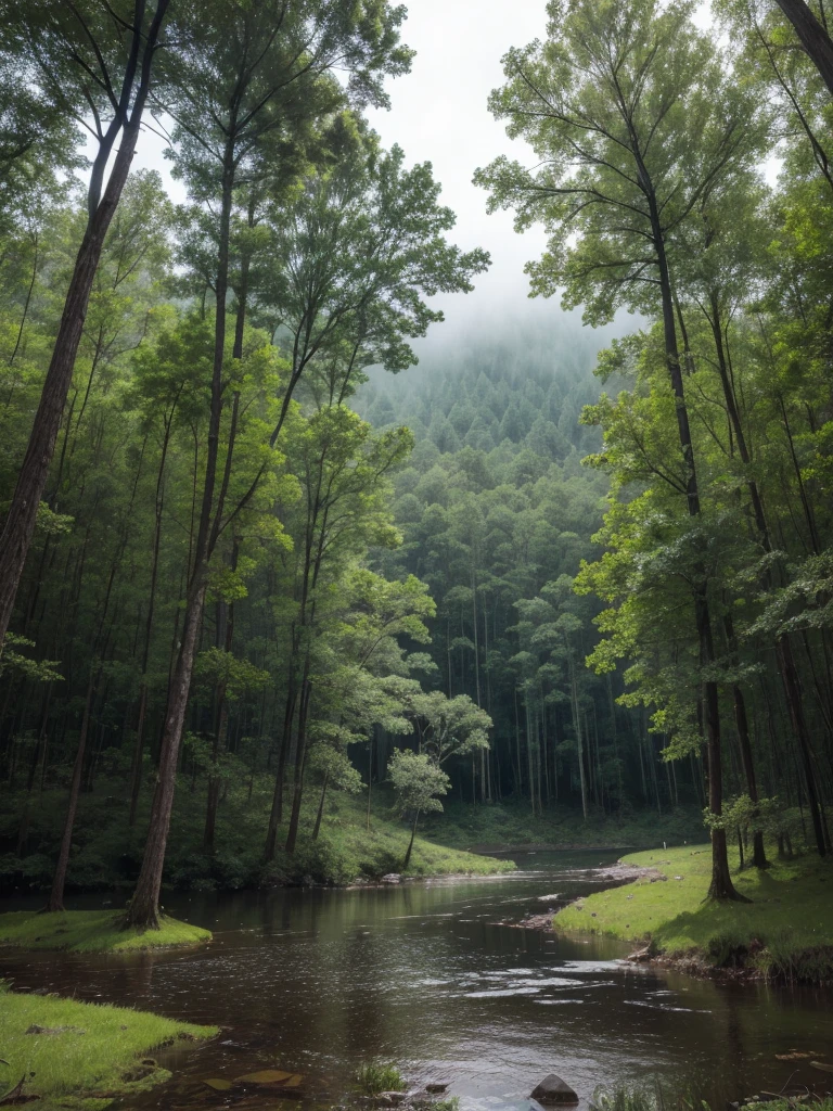 a forest, a lake, rainy environment, wet grass, water levels falling in the area, somewhat dark environment
