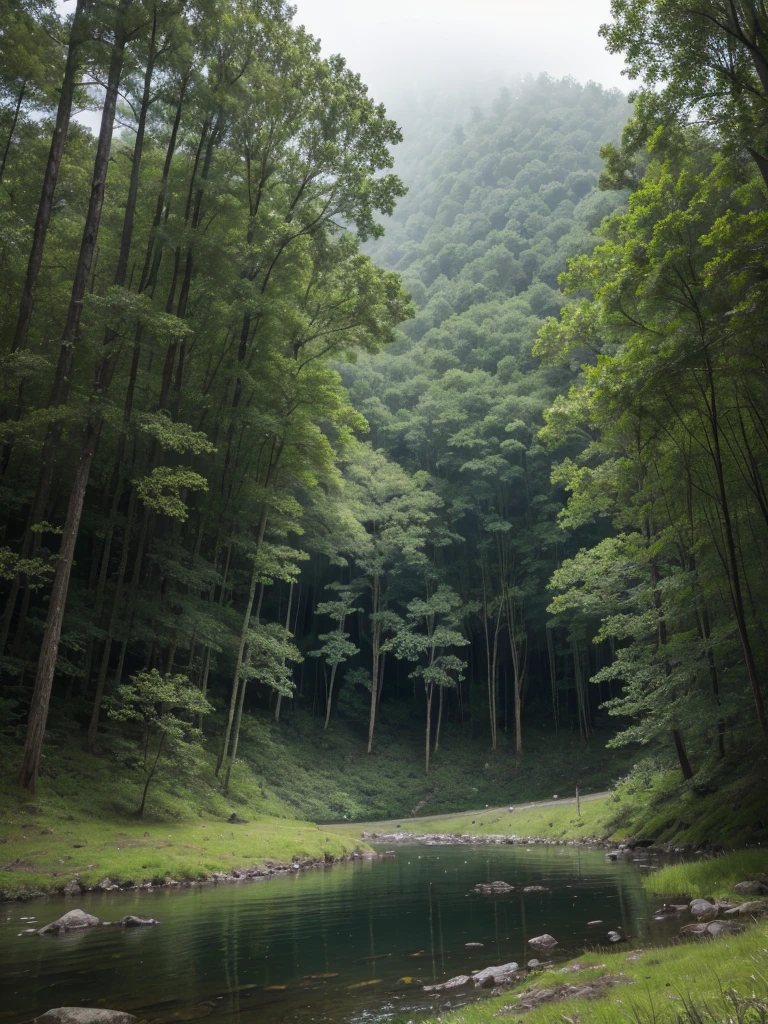 a forest, a lake, rainy environment, wet grass, water levels falling in the area, somewhat dark environment