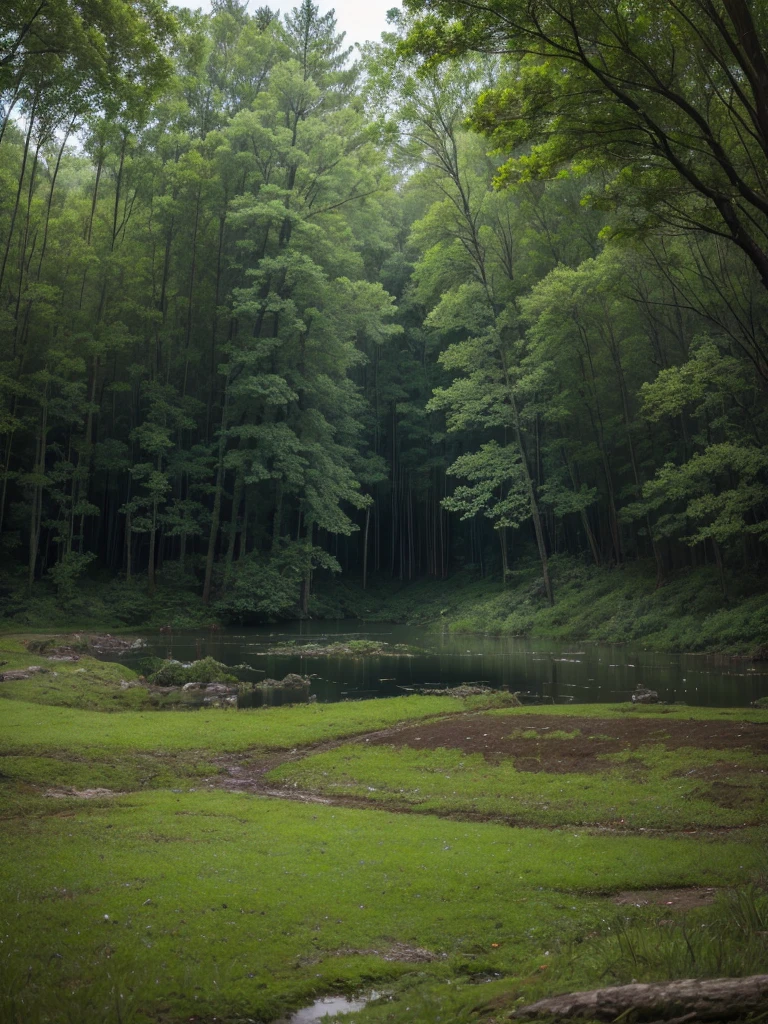 a forest, a lake, rainy environment, wet grass, water levels falling in the area, somewhat dark environment
