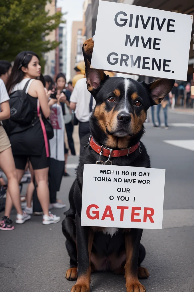 a dog holding a sign saying give me a pix