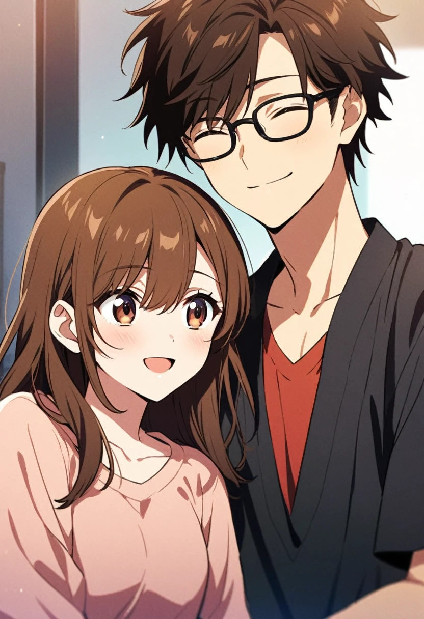 anime, two people, one beautiful female with long brown hair and no glasses, the other person is a male with short dark brown hair and black rimmed glasses, they are boyfriend and girlfriend, both smiling