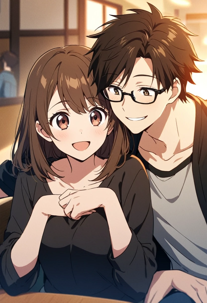 anime, two people, one beautiful female with long brown hair and no glasses, the other person is a male with short dark brown hair and black rimmed glasses, they are boyfriend and girlfriend, both smiling