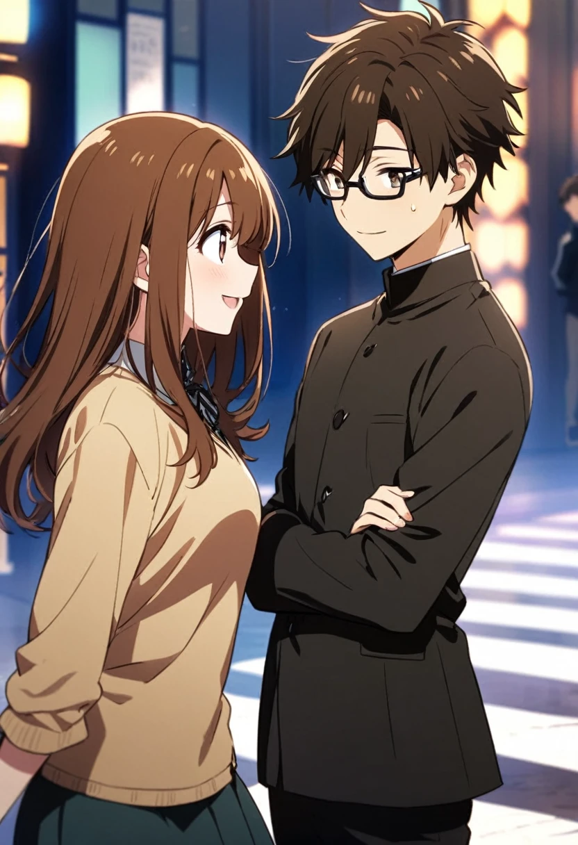 anime, two people, one beautiful female with long brown hair and no glasses, the other person is a male with short dark brown hair and black rimmed glasses, they are boyfriend and girlfriend, both smiling 