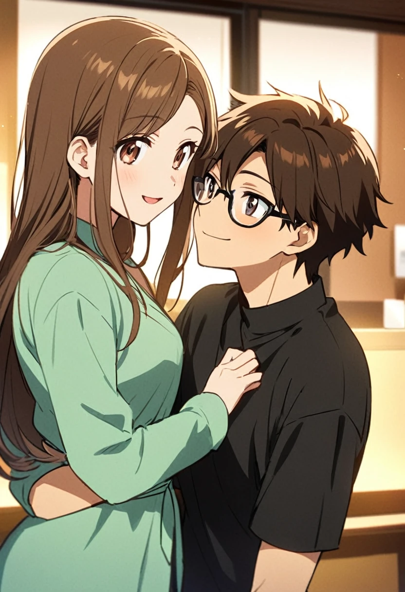 anime, two people, one beautiful female with long brown hair and no glasses, the other person is a male with short dark brown hair and black rimmed glasses, they are boyfriend and girlfriend, both smiling 