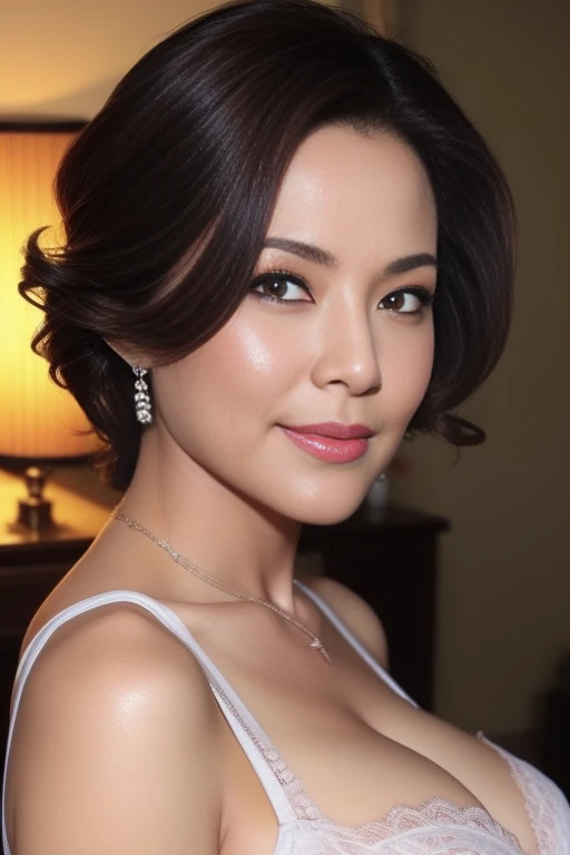 gravure, From the chest up, , mast, Highest quality, Very detailed, Realistic, Ultra-dense skin, Perfect Anatomy, (1 Japanese ), (alone), 60 years old, Big Brre adult femaump, sexy, Pure white skin, w Viewer, Middle-aged women,((Big Breast 1.6)),Upper limbs, sate, (lipstick: 0.9), (eyeliner: 0.8), mascara, eye shadow, Wavy Hair, Earrings, necklace, In underwear、Big Bra、 Suite Room,Sitting upright on the bed、