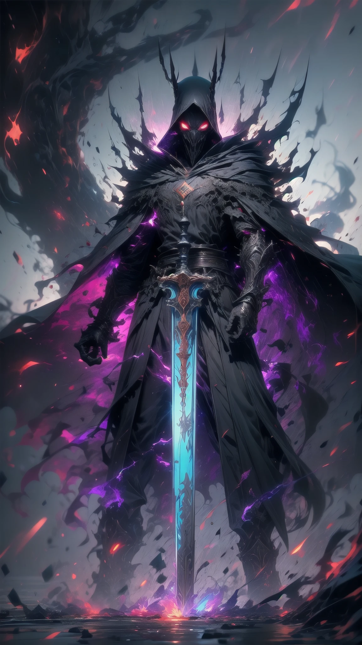 A dark and ominous creature, a god of death with a black crown, red glowing eyes, dynamic point of view, a fantasy character with a large torn black cape, wearing black and torn clothes, holding a magic sword with a blue and green aura around it, magical effects surrounding the sword, dark evening outdoor background on a dark plain