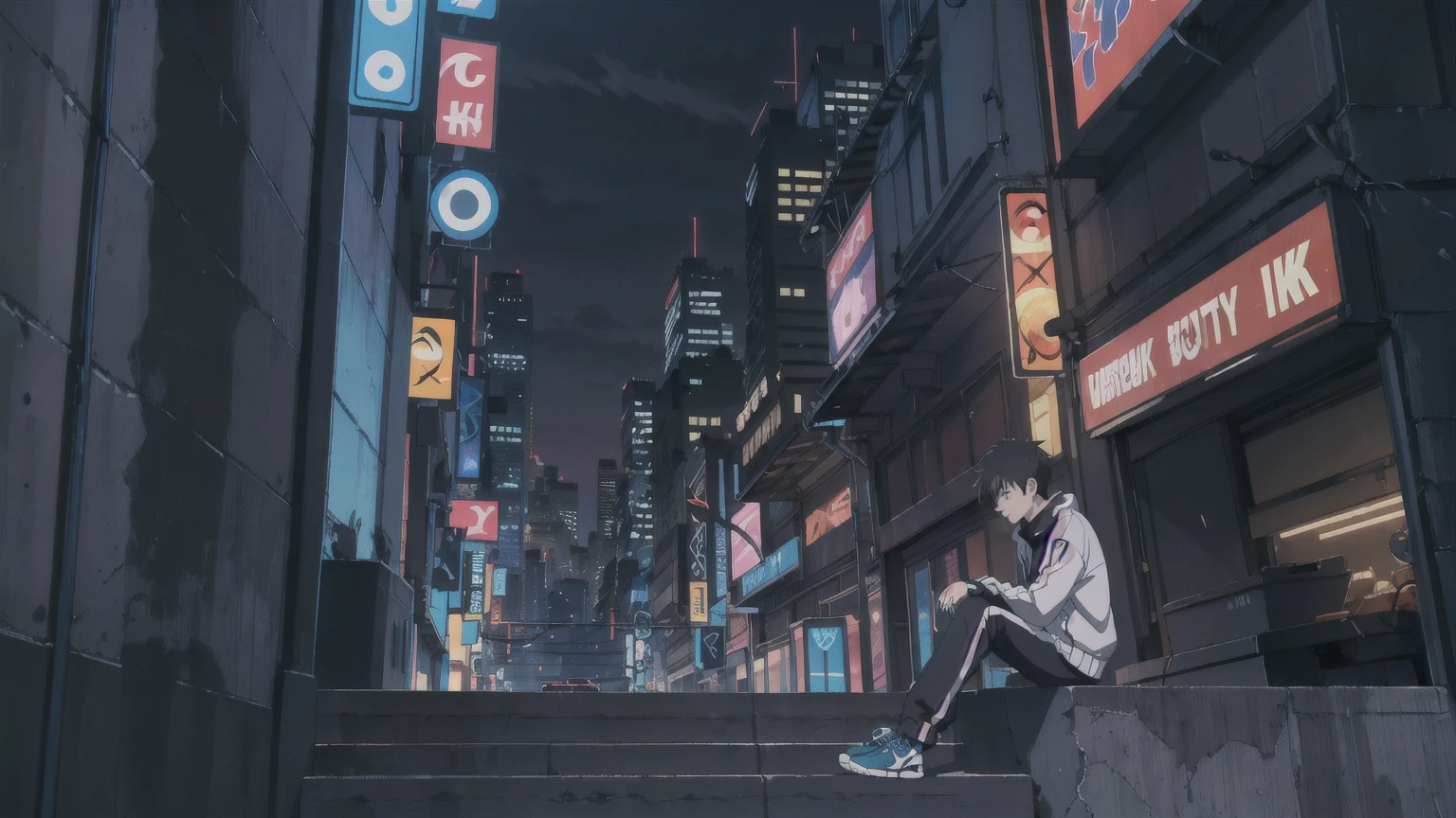 (Highly detailed CG Unity 8k wallpaper), (masterpiece), (Highest quality), (Super detailed), (Best illustrations), (Best Shadow), (Absurd), One boy, alone,Sitting, cyberpunk cityscape,night city \(city\), stealth in the city  miko, One boy, alone, track Jacket, Black Hair, Jacket, Iris,Multiple poses 