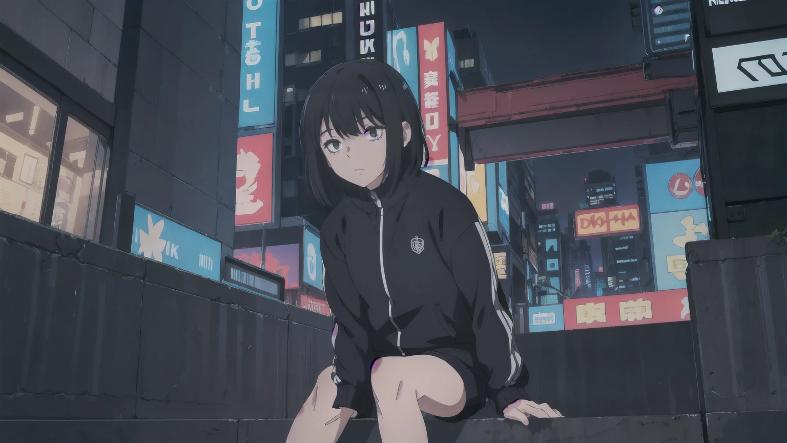 (Highly detailed CG Unity 8k wallpaper), (masterpiece), (Highest quality), (Super detailed), (Best illustrations), (Best Shadow), (Absurd), One boy, alone,Sitting, cyberpunk cityscape,night city \(city\), stealth in the city  miko, One boy, alone, track Jacket, Black Hair, Jacket, Iris,Multiple poses 