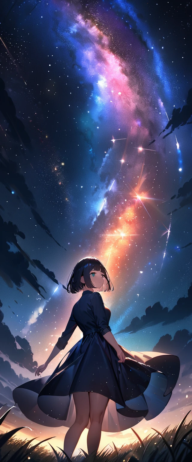 (((A meteor shower dancing in the night sky, countless stars twinkling in the clear air, a beautiful starry sky, the Milky Way shining beautifully in the night))), grass field, a girl, bobcut, (best quality, 4K, 8K, highres, masterpiece:1.2, ultra-detailed, HDR, uhd, studio lighting, ultra-fine painting, sharp focus, physically-based rendering, extreme detail description, professional, vivid colors, bokeh)