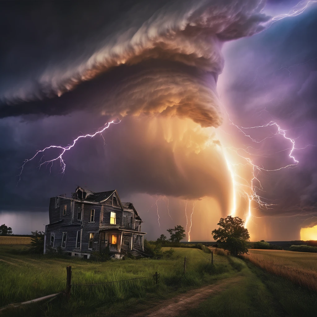 is image depicts a dramatic and ominous scene of a powerful tornado approaching a rural farmhouse. The tornado moving around swirling down the sky, like lifting the smal house swirling with dark clouds and illuminated by string large flashes of lightning in various colors - white, purple, and orange. The sky around the tornado is a turbulent mix of stormy hues.
In the foreground, a lone farmhouse stands with lights on in its windows, suggesting occupants may be inside. The house appears small and vulnerable compared to the massive tornado bearing down on it. A dirt road leads toward the house, with fences visible on either side.
The landscape has a golden glow, possibly from a setting sun, which contrasts sharply with the dark, threatening sky above. There are a few trees and other structures barely visible in the background, all at risk from the approaching storm.
This image conveys a sense of nature's raw power and the vulnerability of human dwellings in the face of extreme weather events. It's a striking visualization pof the awesome and terrifying beauty of severe storms.