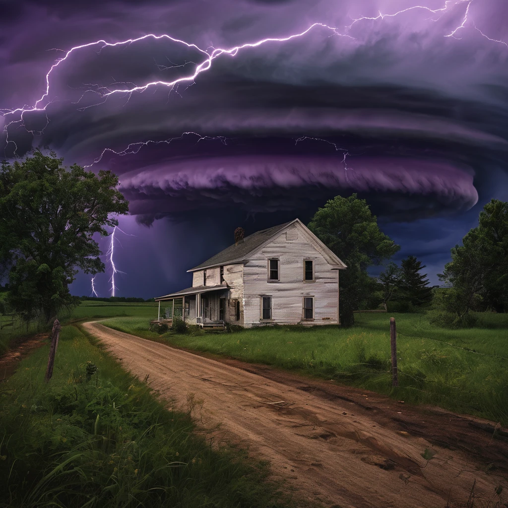 is image depicts a dramatic and ominous scene of a powerful tornado approaching a rural farmhouse. The tornado moving around swirling down the sky, like lifting the smal house swirling with dark clouds and illuminated by string large flashes of lightning in various colors - white, purple, and orange. The sky around the tornado is a turbulent mix of stormy hues.
In the foreground, a lone farmhouse stands with lights on in its windows, suggesting occupants may be inside. The house appears small and vulnerable compared to the massive tornado bearing down on it. A dirt road leads toward the house, with fences visible on either side.
The landscape has a golden glow, possibly from a setting sun, which contrasts sharply with the dark, threatening sky above. There are a few trees and other structures barely visible in the background, all at risk from the approaching storm.
This image conveys a sense of nature's raw power and the vulnerability of human dwellings in the face of extreme weather events. It's a striking visualization pof the awesome and terrifying beauty of severe storms.