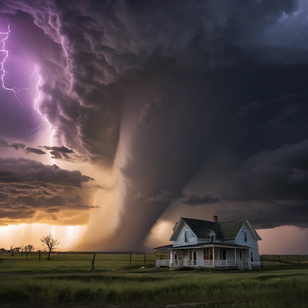 is image depicts a dramatic and ominous scene of a powerful tornado approaching a rural farmhouse. The tornado moving around swirling down the sky, like lifting the smal house swirling with dark clouds and illuminated by string large flashes of lightning in various colors - white, purple, and orange. The sky around the tornado is a turbulent mix of stormy hues.
In the foreground, a lone farmhouse stands with lights on in its windows, suggesting occupants may be inside. The house appears small and vulnerable compared to the massive tornado bearing down on it. A dirt road leads toward the house, with fences visible on either side.
The landscape has a golden glow, possibly from a setting sun, which contrasts sharply with the dark, threatening sky above. There are a few trees and other structures barely visible in the background, all at risk from the approaching storm.
This image conveys a sense of nature's raw power and the vulnerability of human dwellings in the face of extreme weather events. It's a striking visualization pof the awesome and terrifying beauty of severe storms.