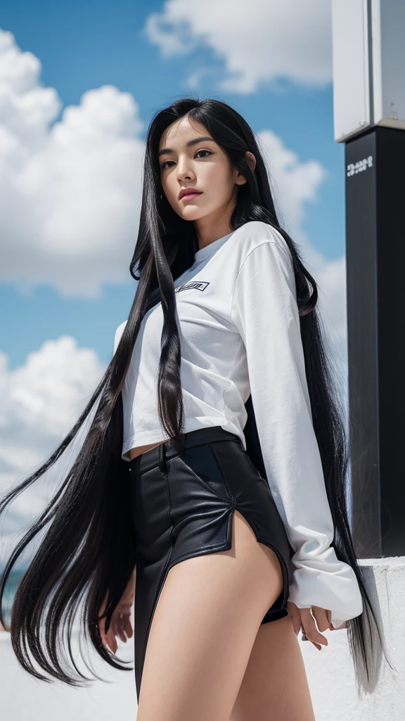 Female1, face, smooth long black hair、(black long hair:1.8), tan skin, tight skirt, Huge clouds, I can see a little panties, big, Pabu gloss, 8 thousand, Hand details, Details, detailed eyes, perfect body, Voluminous body, Sexy Snowboard Uniform, Dolphin pants, small face, detailed face, perfect face, 아주 big 가슴, Small Hands, balance eye,